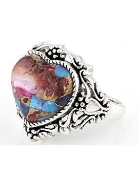 Turquoise And Spiney Oyster Sterling Silver Ring Size 6 Heart Shaped Stone